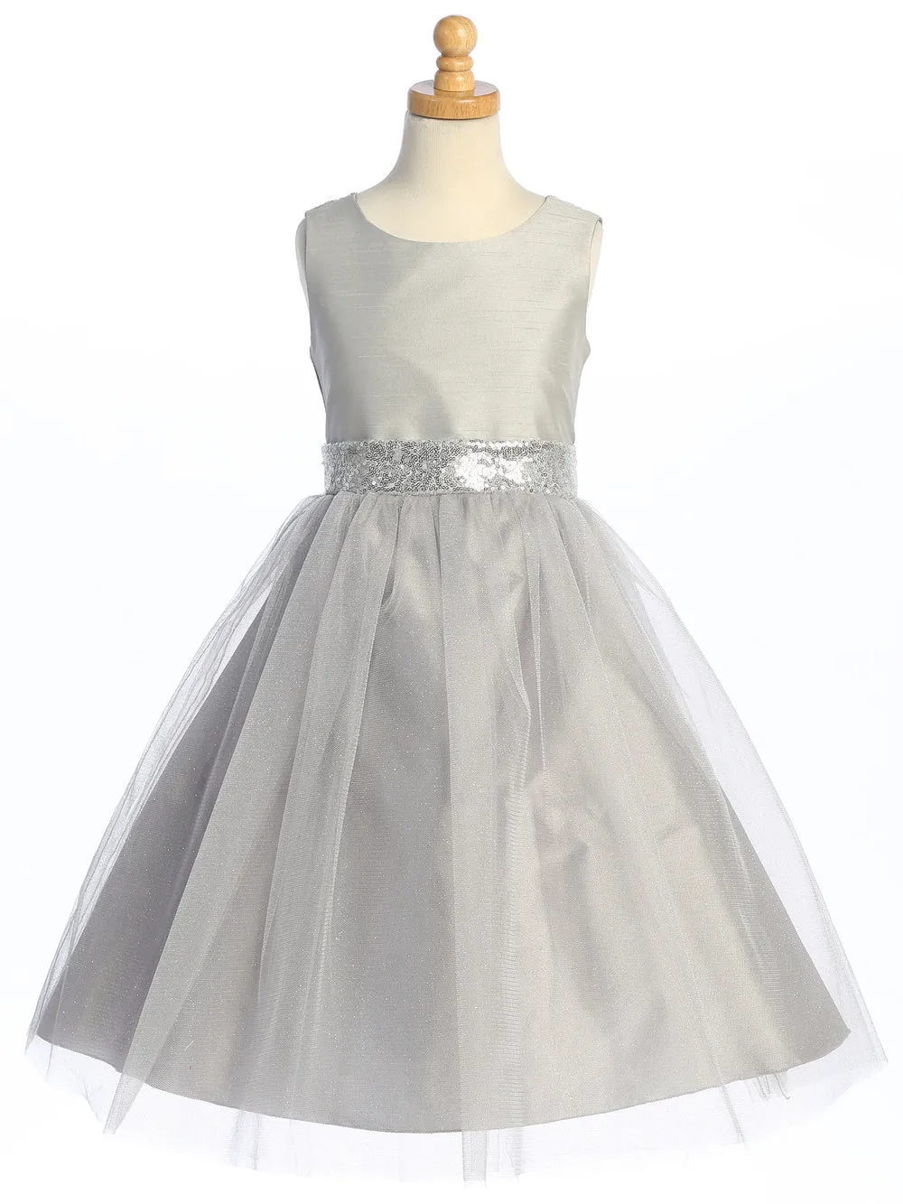 Silver Flower Girl Dress w/ shantung & sparkle tulle with sequins