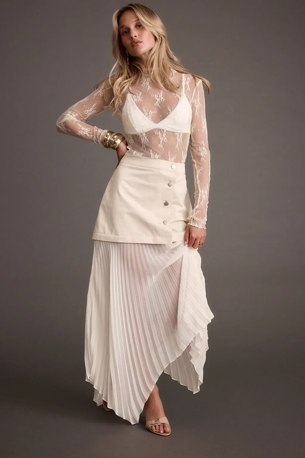 Whitney Layered Pleated Bone Maxi Skirt