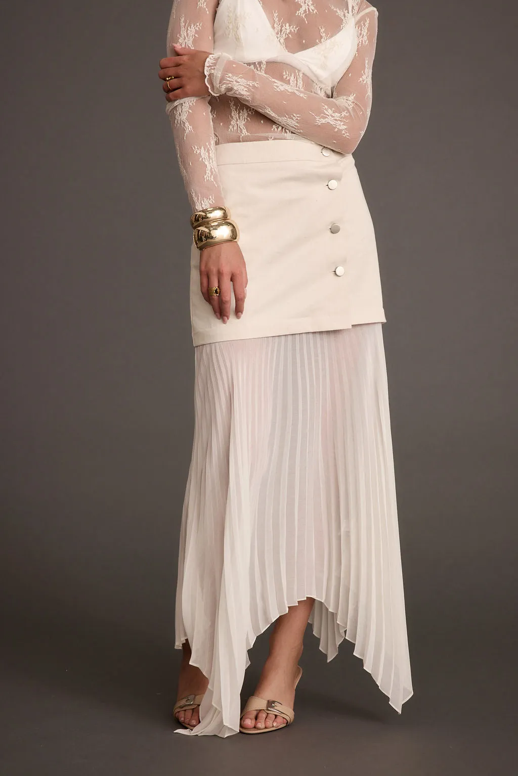 Whitney Layered Pleated Bone Maxi Skirt