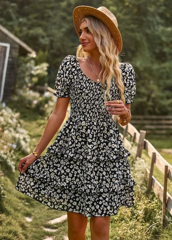 Womens Boho Floral Square Neck Short Sleeve Dress