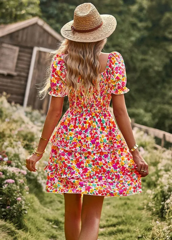 Womens Boho Floral Square Neck Short Sleeve Dress