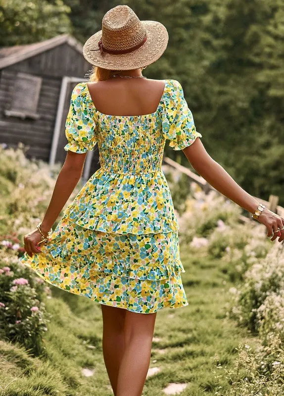 Womens Boho Floral Square Neck Short Sleeve Dress