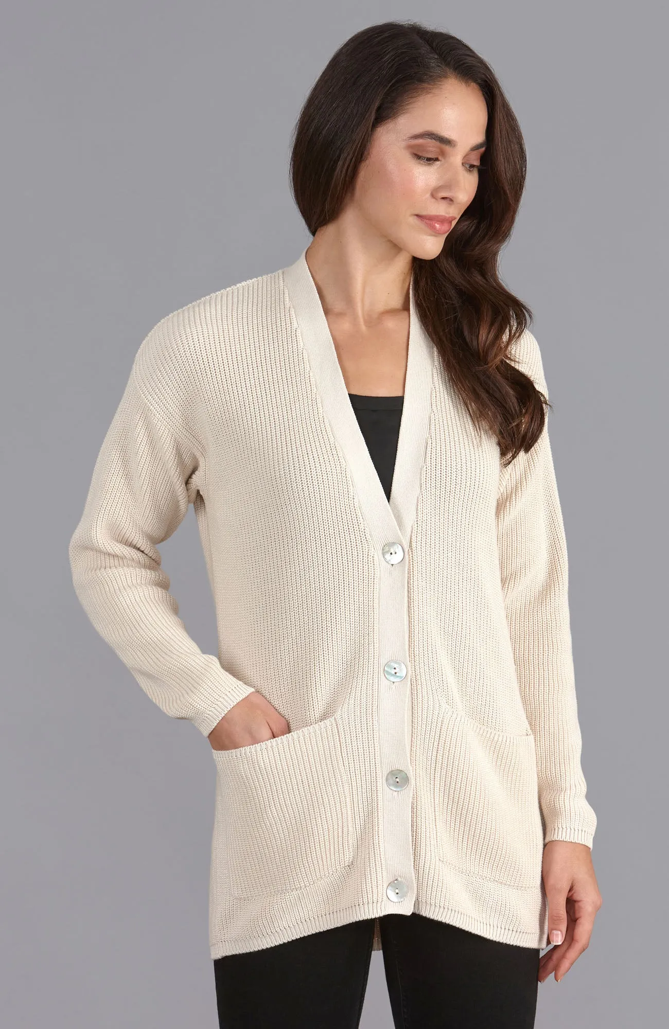 Womens Midweight Cotton Ribbed V Neck Cardigan with Pockets