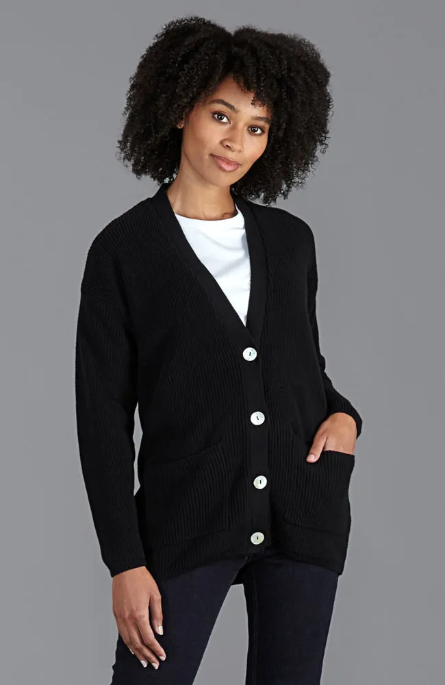 Womens Midweight Cotton Ribbed V Neck Cardigan with Pockets